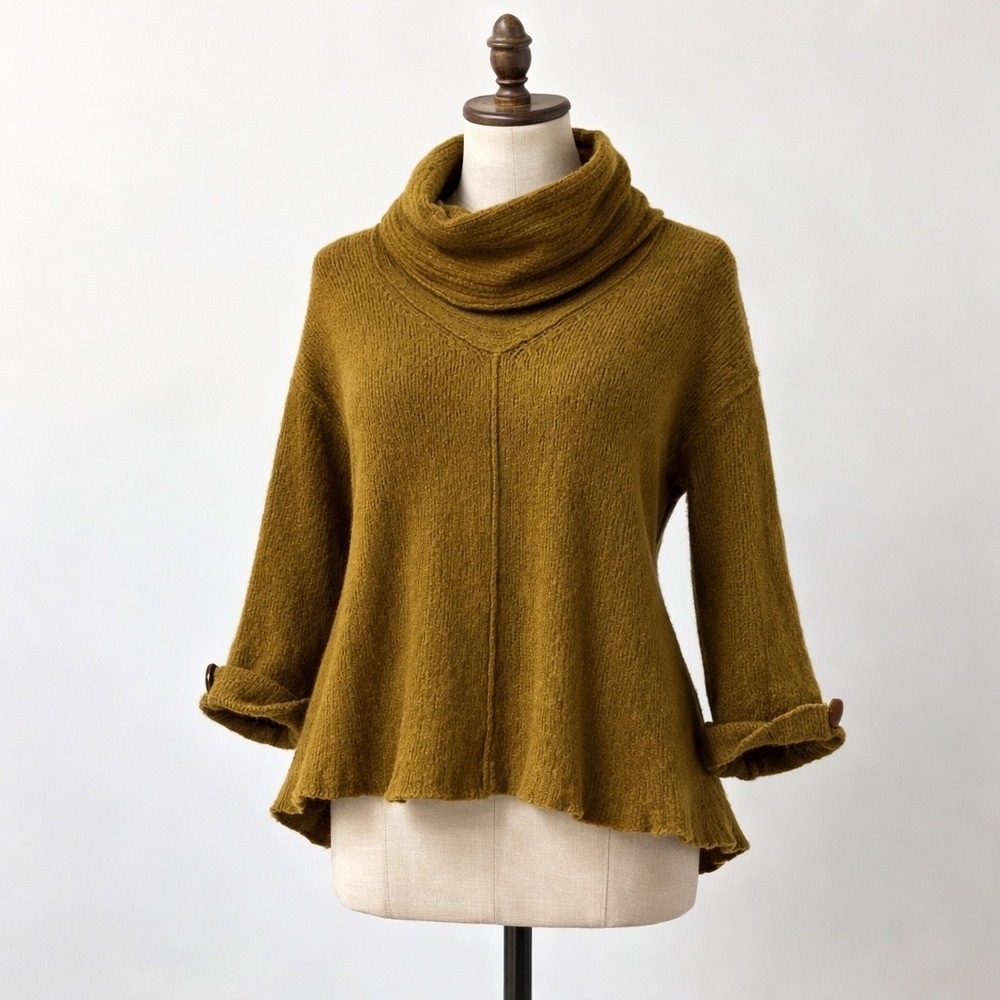 Grizas Wool Cowl Neck Sweater Mustard Olive Green High‎ Low Lagenlook XS